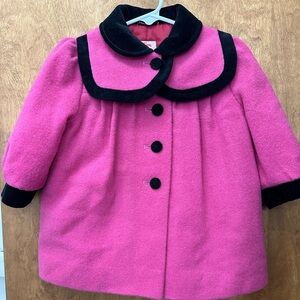 Vintage 100%wool girls coat 2T. Pink with black velvet trim. IC Tailorwear.
